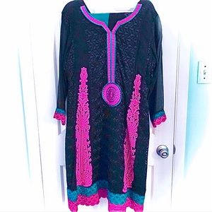 2-Piece Pakistani/Indian Maxi Dress & Dupata Black/Pink/Green Embroidered & Lace